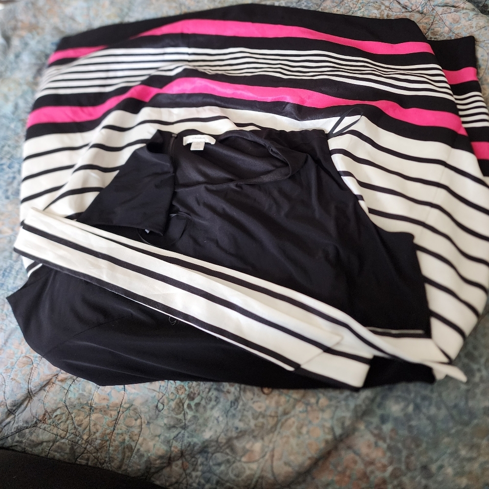CJ Banks Black, White & Hot Pink Striped Midi Dress